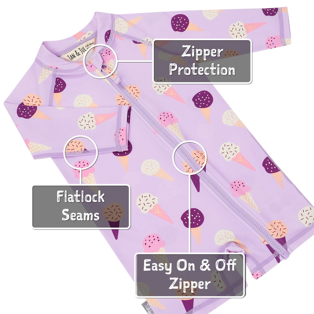 Features of the Jan & Jul UV Jumpsuit | Lavendar Ice Cream including zipper protection, flat lock seams, easy on and off zipper