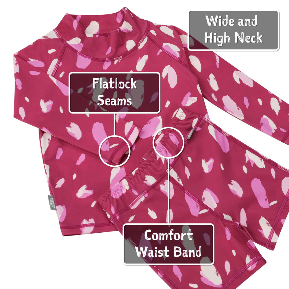Features of the Jan & Jul 2-pc UV Suit | Pink Petals including flat lcok seams, wide and high neck, and comfort waist