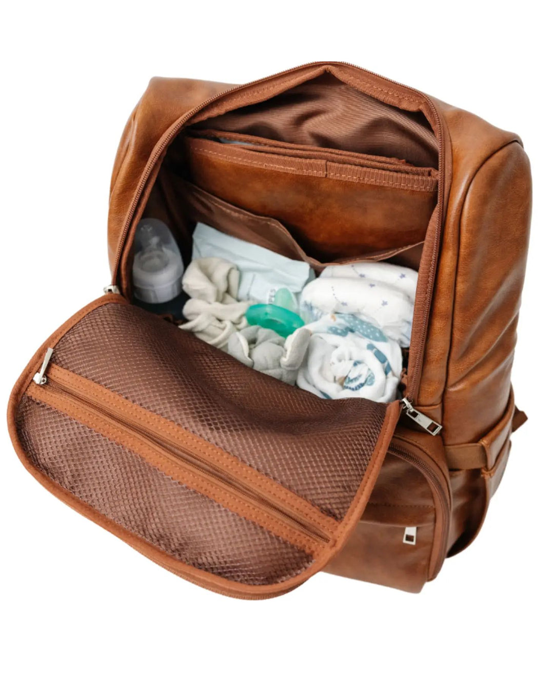 Main pocket of the Citi Collective Citi Navigator Diaper Bag | Saddle Brown opened with diapers, clothes and essentials