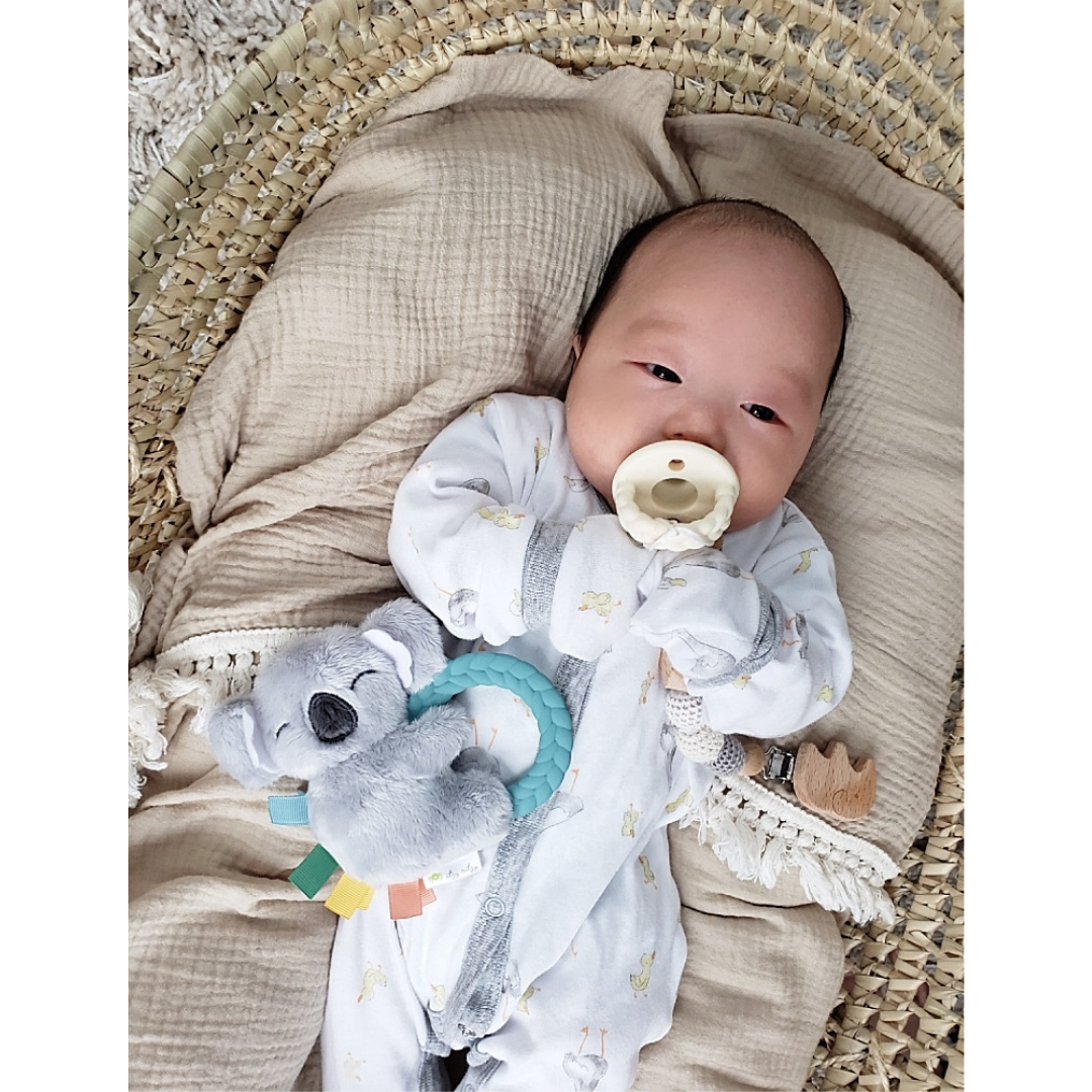 Newborn with a koala Ritzy Rattle Pal™ | Plush Rattle with Silicone Teething Ring
