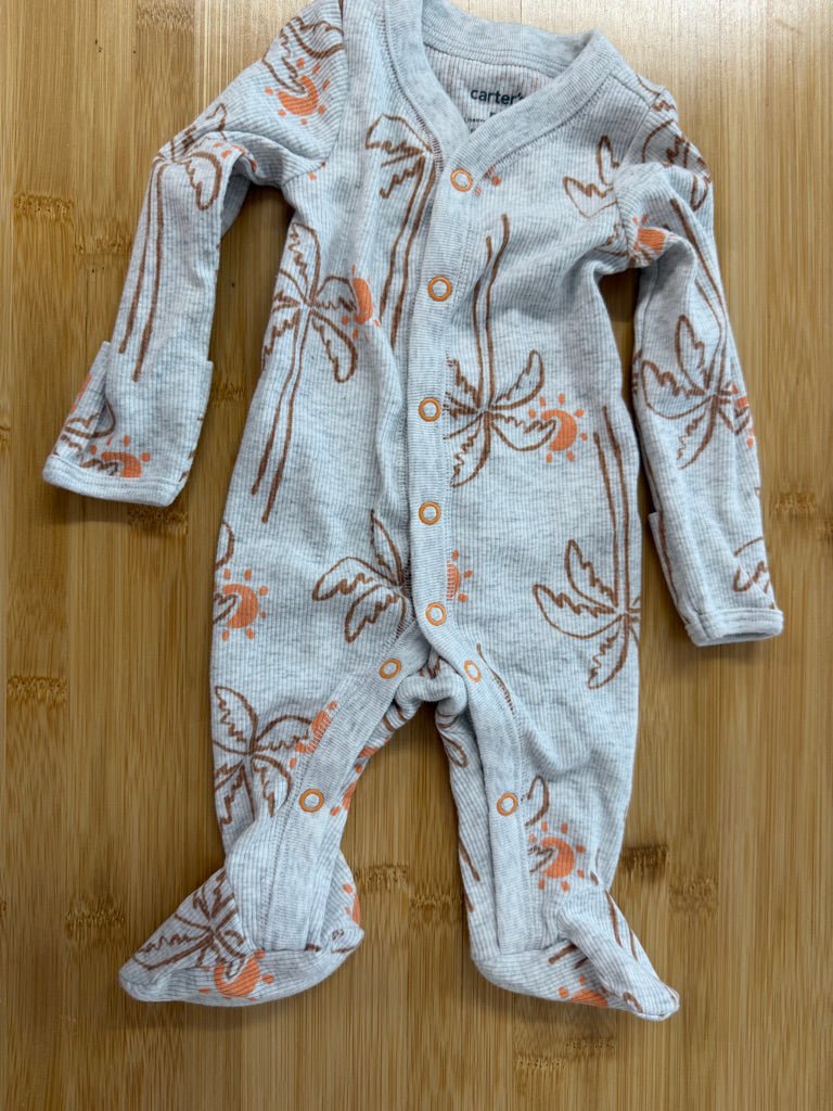 Carter's Ribbed Sleeper – Newborn | Tropical Palm Trees Orange & Brown on Light Grey Snaps - Nest and Sprout-Consignment