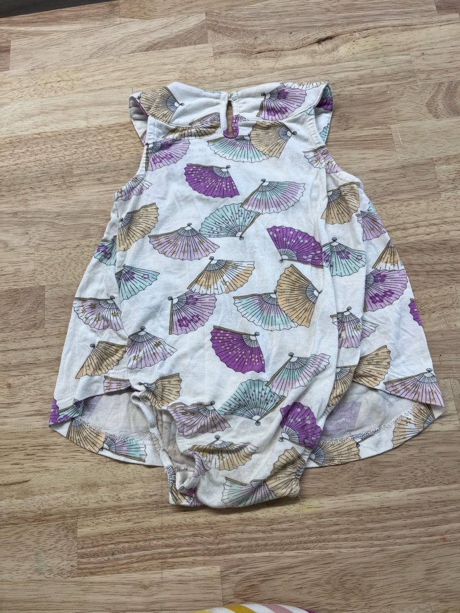 Silkberry Bodysuit Dress – 12 - 18 Months (Sleeveless with Fan Print, Light Staining on Front) - Nest and Sprout - Consignment
