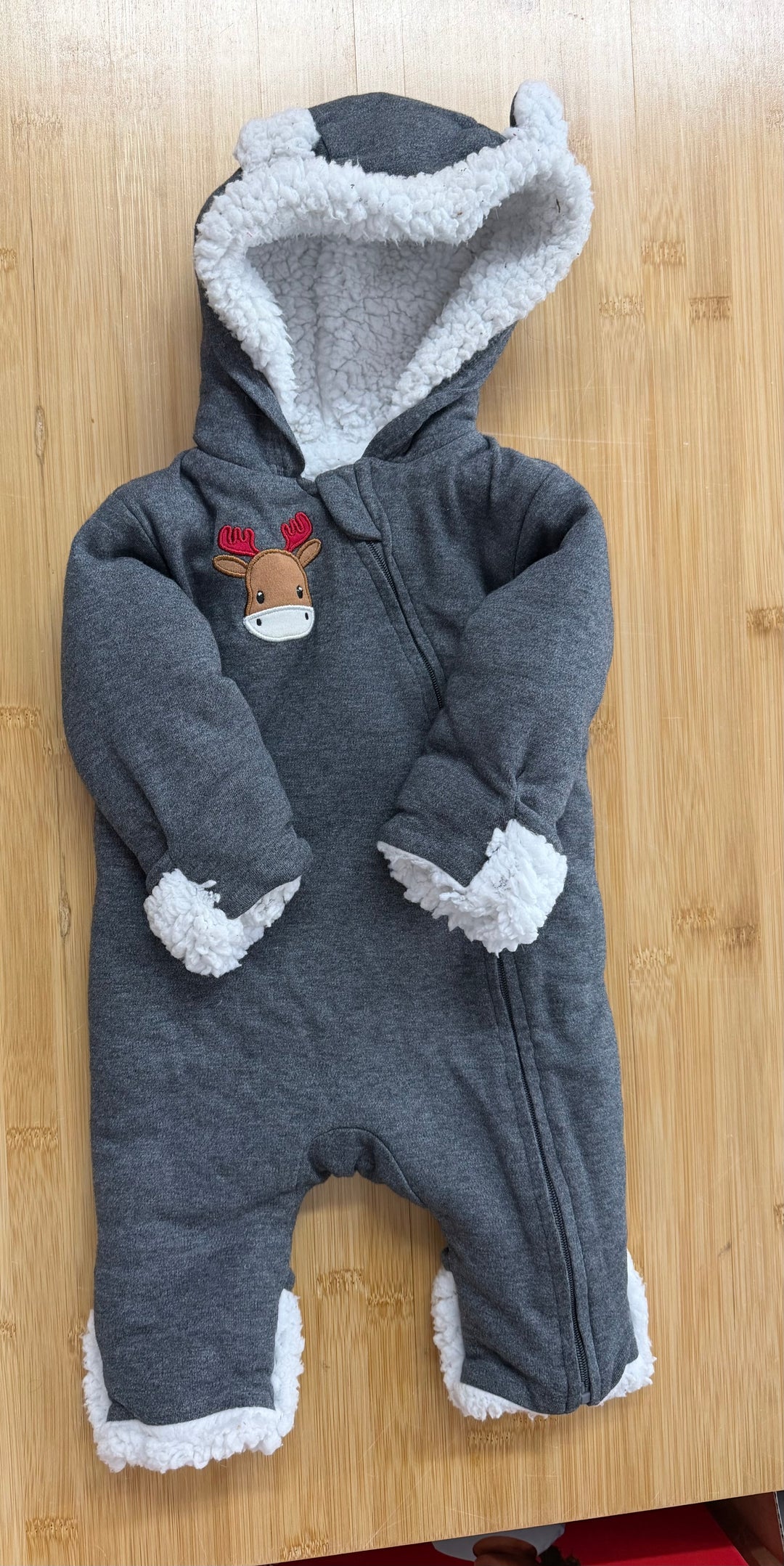 Canadiana Bunting Suit – Newborn | Grey Fleece | Moose Print | Fold-Over Hands and Feet