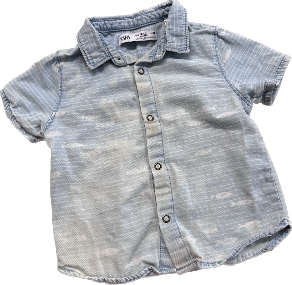 Zara Button - Up Shirt – 9 - 12 Months (Light Denim, Collared, Fish Print, Distressed Fit) - Nest and Sprout - Consignment