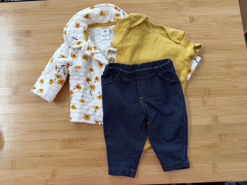 Carter's Three-Piece Quilted Outfit – 3M | White Yellow Bodysuit & Jegging