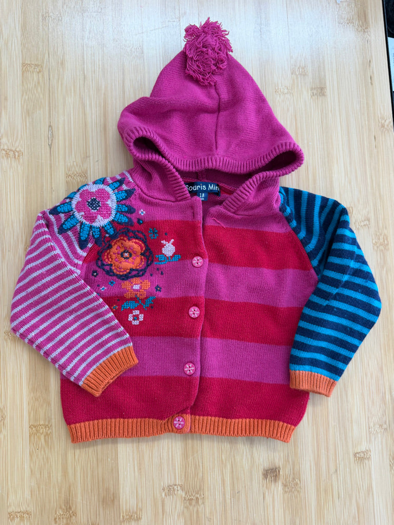 Souris Mini Pink Red Floral Appliqué Knit Sweater – 18M