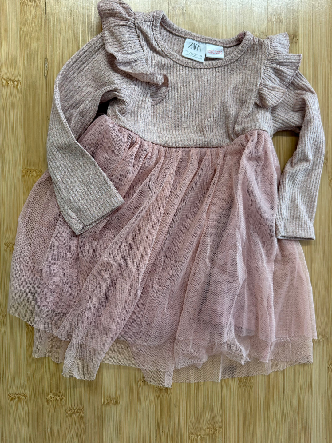 Zara Pink Ribbed Tulle Skirt Top – 18–24M | Long Sleeve Overlay
