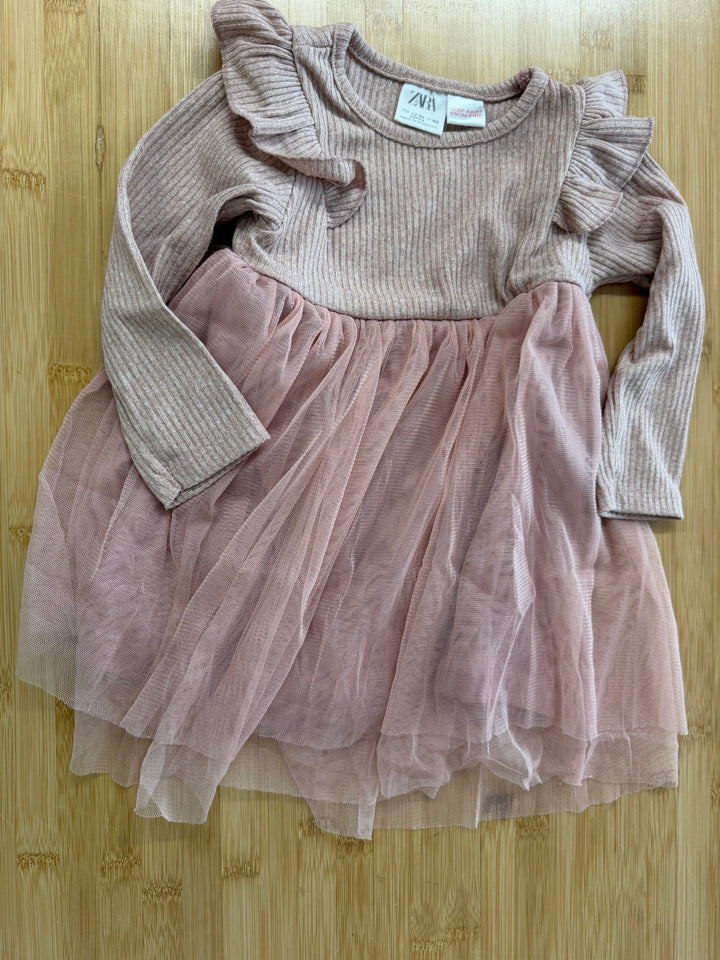 Zara Pink Ribbed Tulle Skirt Top – 18–24M | Long Sleeve Overlay
