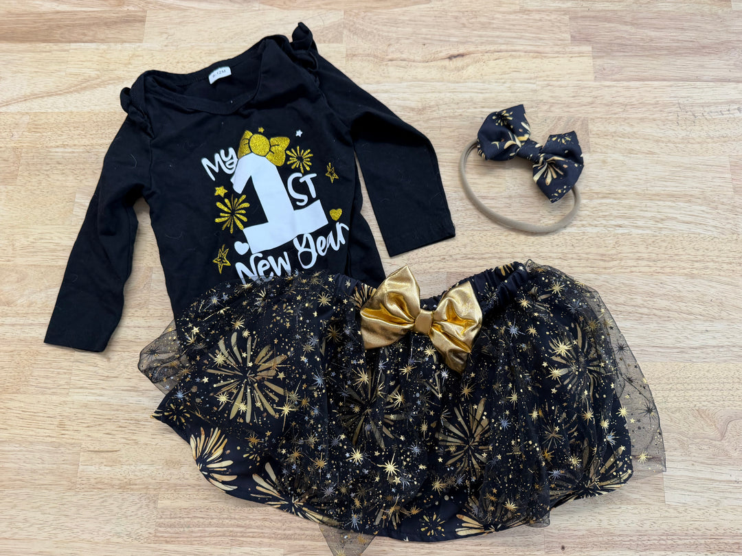 My First New Year's Bodysuit & Tutu Set – 9–12M | Black & Gold | Holiday