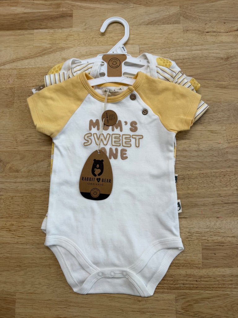 Rabbit &amp; Bear Bodysuit Set – 6–9M | White &amp; Yellow Neutral (x3) NWT