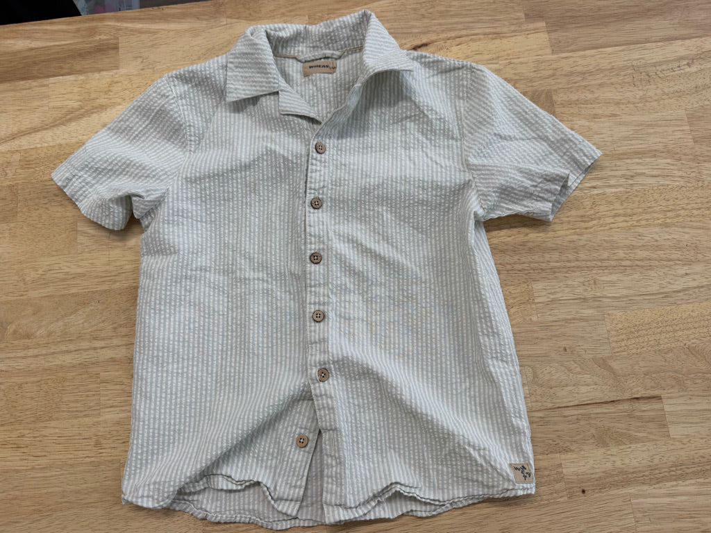 Wheat Kids Striped Button-Up Shirt – 8Y | Blue 100% Organic Cotton Short Sleeve