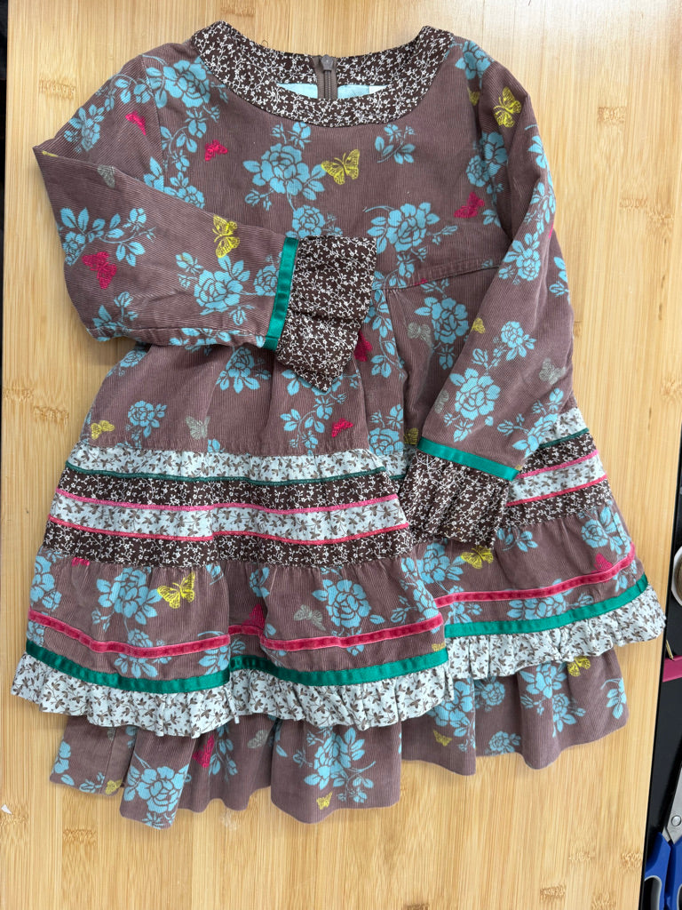 Kindkow Corduroy Velour Dress – 100cm (4) | Grey | Floral | Zipper