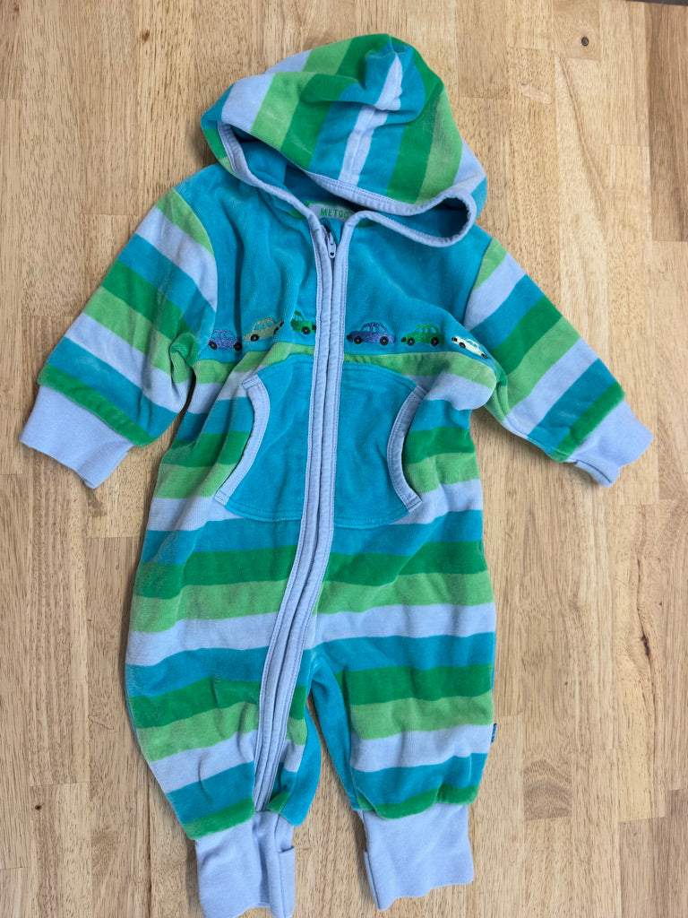 Me Too Transport Print Fleece Romper – 3–6M | Blue & Green Footless