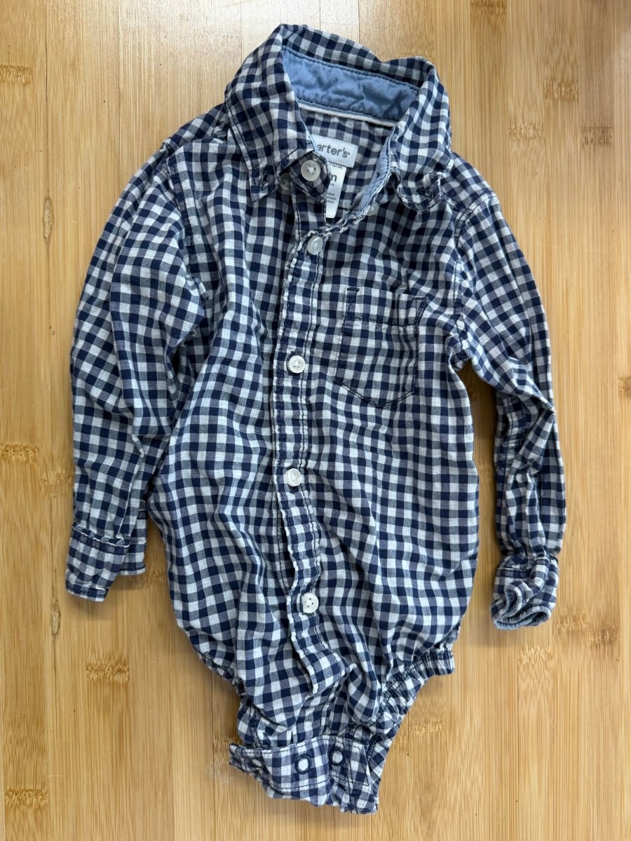 Carter's Navy Gingham Button-Down Bodysuit – 12M | Long Sleeve - Nest and Sprout-Consignment