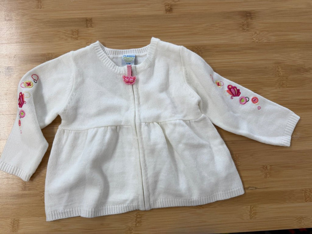 Please Mum Zip-Up Knit Sweater – 12M | Cream Butterfly Embroidered 100% Acrylic - Nest and Sprout-Consignment