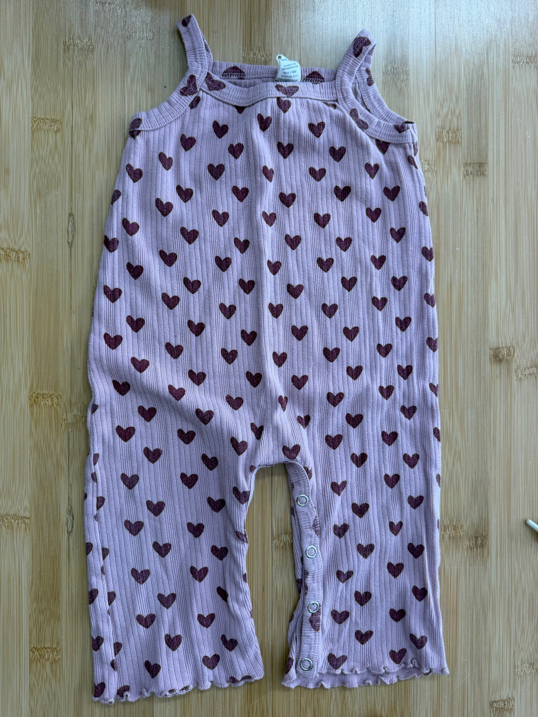 Kate Quinn Ribbed Romper – 12-18 Months | Burgundy Hearts | Tank Straps | Flare Legs | Lettuce Hem