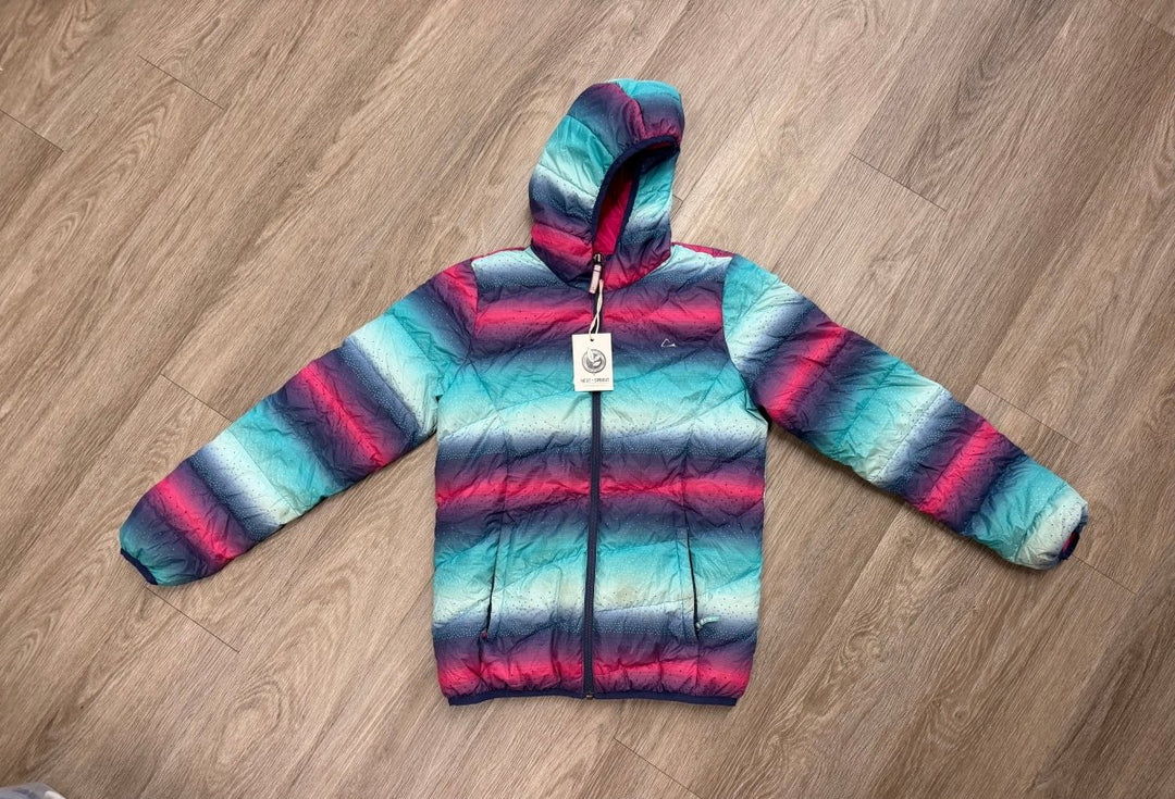 Paradox Puffer Jacket – XL (14-16) | Pink/Purple Floral | Duck Down | Hooded - Nest and Sprout-Consignment
