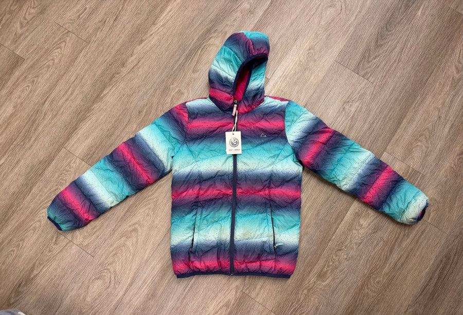 Paradox Puffer Jacket – XL (14-16) | Pink/Purple Floral | Duck Down | Hooded - Nest and Sprout-Consignment