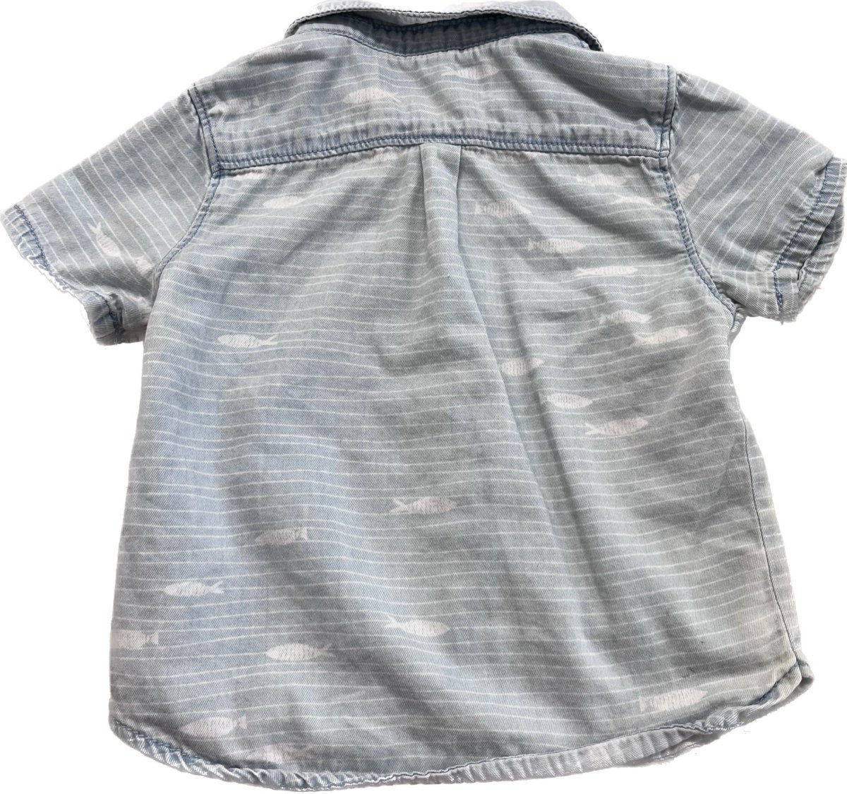 Zara Button - Up Shirt – 9 - 12 Months (Light Denim, Collared, Fish Print, Distressed Fit) - Nest and Sprout - Consignment