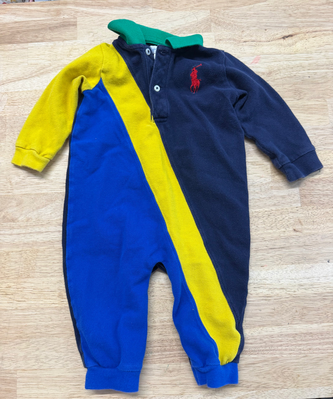 Polo Ralph Lauren One-Piece Romper – 9 Months | Navy, Yellow and Green Collar