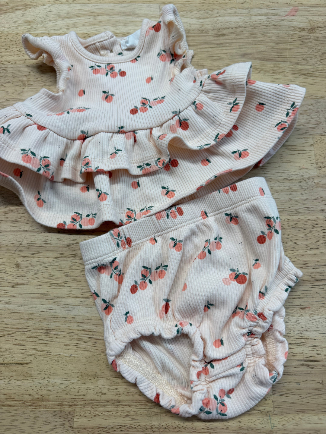 First by Petit Lem Two Piece Set 3m | Peach Orange Ribbed Ruffle Top and Diaper Bloomers