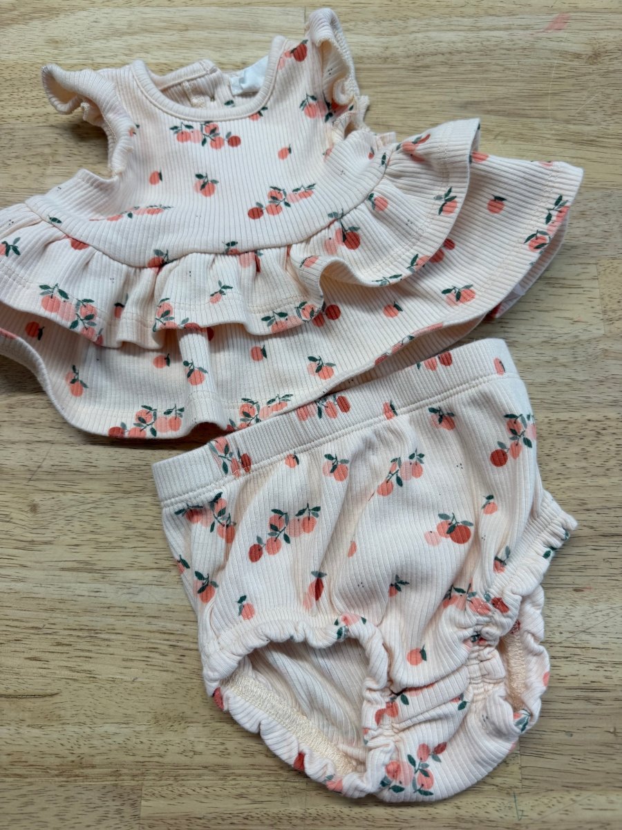 First by Petit Lem Two Piece Set 3m | Peach Orange Ribbed Ruffle Top and Diaper Bloomers - Nest and Sprout-Consignment