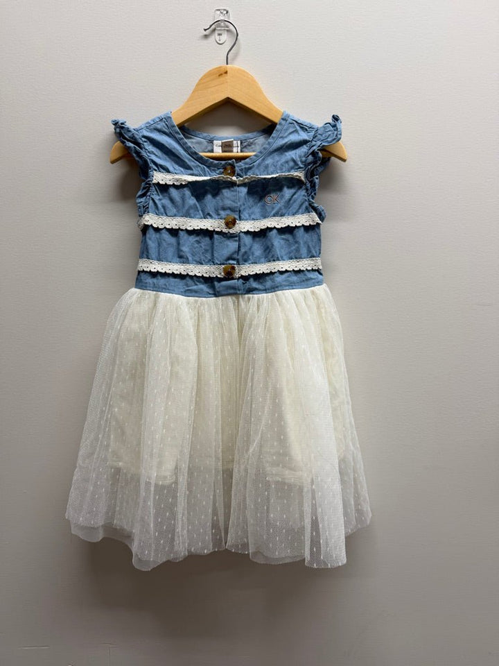 Calvin Klein Dress – 5| Denim Top Lace Stripe Mesh Overlay Skirt Sleeveless - Nest and Sprout-Consignment