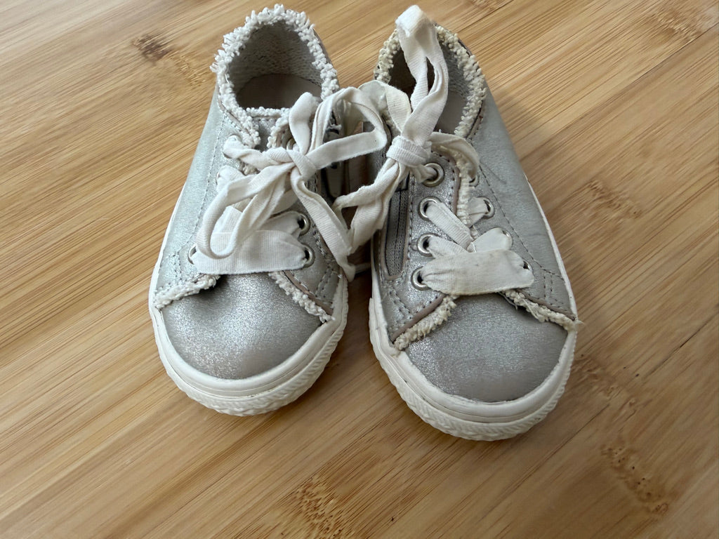 Zara Baby Sneakers – EU 20 | Silver Ribbon Lace Side Zipper Raw Edge