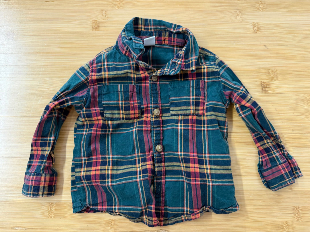 Old Navy Flannel Shirt – 12-18 Months | Dark Green with Yellow/Red Plaid