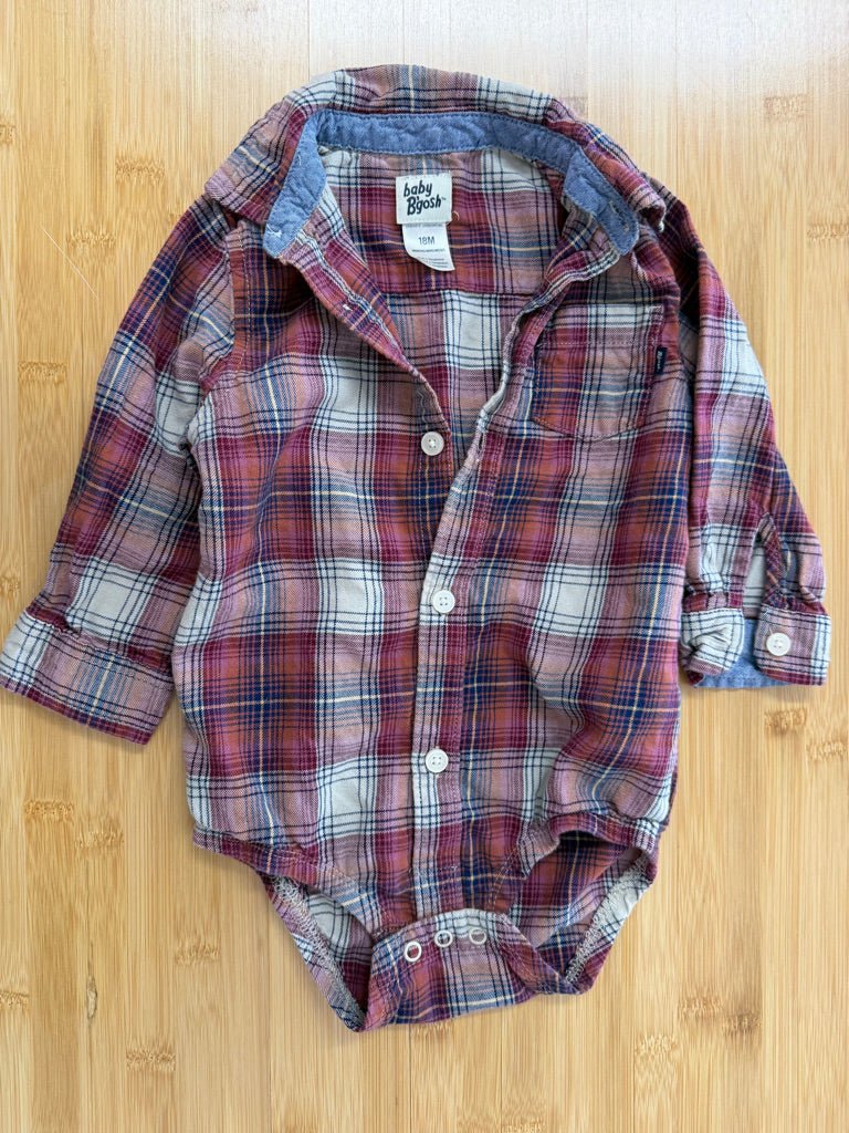 OshKosh B'gosh Flannel Bodysuit – 18M | Red Plaid Cream Button - Up | Holiday - Nest and Sprout - Consignment