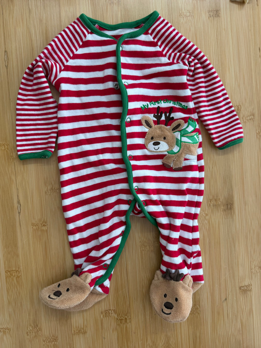 Little Me My First Christmas Footed Sleeper – 3 Months | Red and White Stripe | Snap-Up