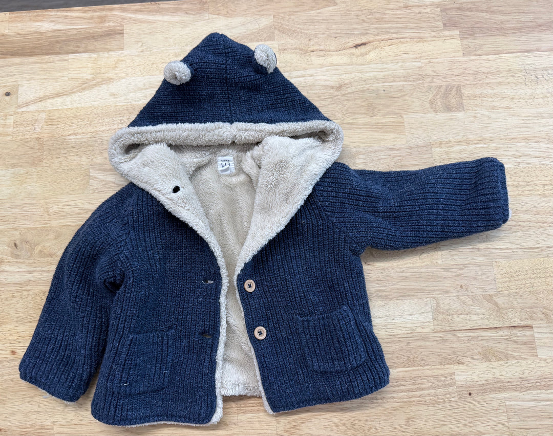 Gap Hooded Cardigan – 18–24M | Navy Knit Faux Fur Lining Button-Up