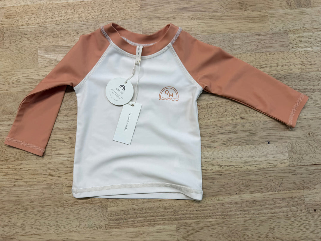 Quincy Mae Rash Guard Swim Top – 6–12M | Cream Orange Sleeves Natural Melon | NWT