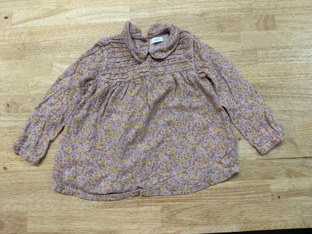 Next Floral Paisley Long Sleeve Top – 2–3Y (90cm) | Light Pink & Yellow Scalloped Collar