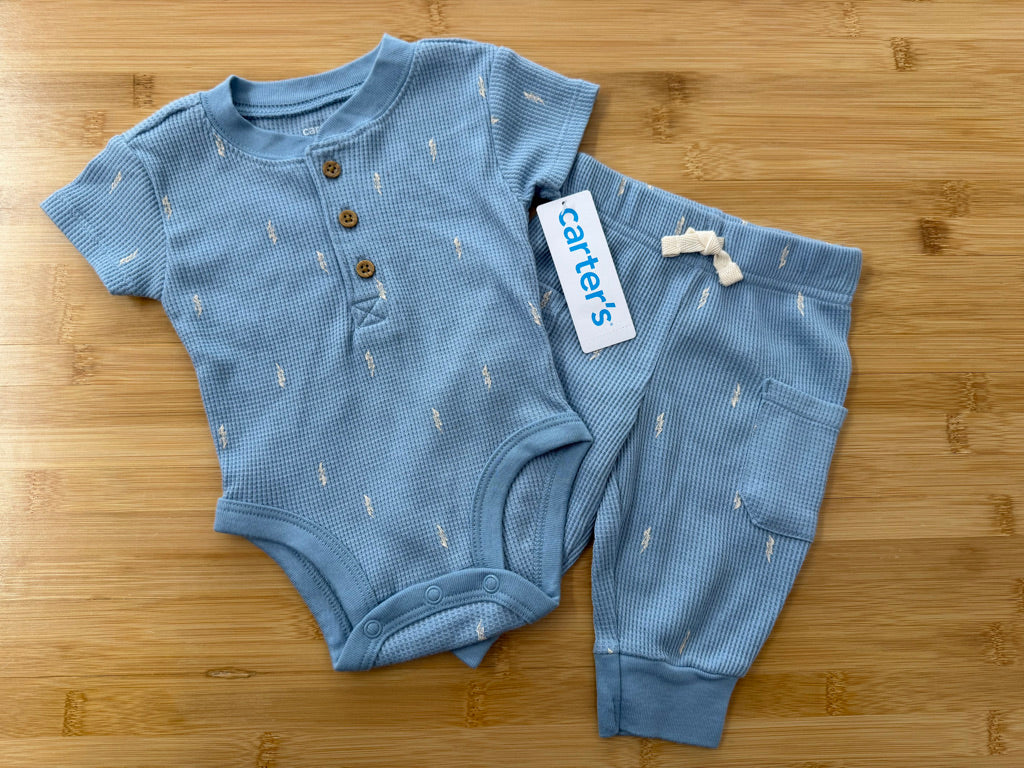 Carter's Two-Piece Set – 3m | Blue Waffle Knit Lightning Bolt | NWT