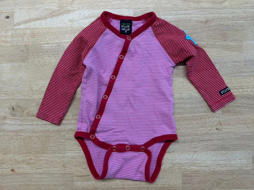 Villervalla Bodysuit – 74 (6–9M) | Pink & Red Stripe Kimono Snap | Play