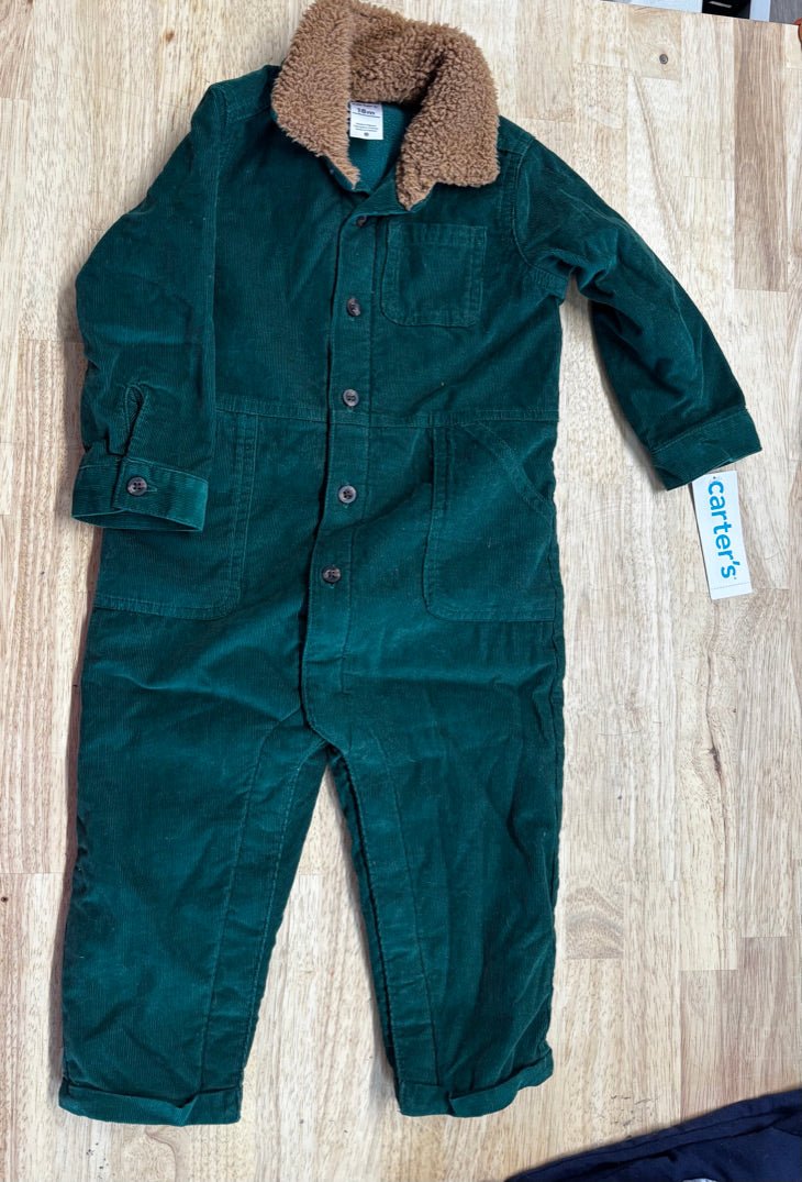 Carter’s Forest Green Corduroy Jumpsuit Faux Fur Collar New With Tags | Size 18M - Nest and Sprout - Consignment