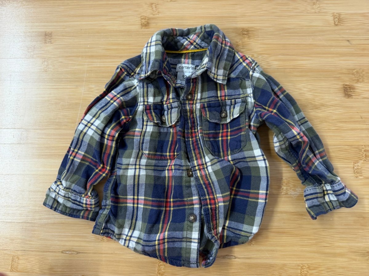 Carter's Flannel Shirt – 12 Months | Navy and Olive Green | Long Sleeve | Button-Up - Nest and Sprout-Consignment