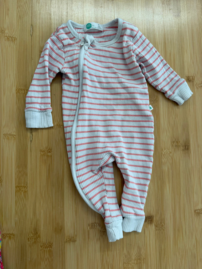 Little Green & Co Striped Footless Sleeper – 3–6M | Pink & Cream Ribbed