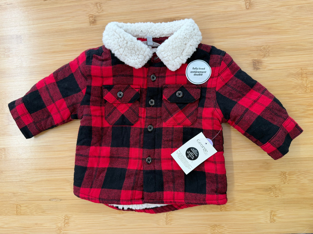 George Buffalo Plaid Jacket – 3–6M | Red & Black Button-Up Fully Lined | NWT