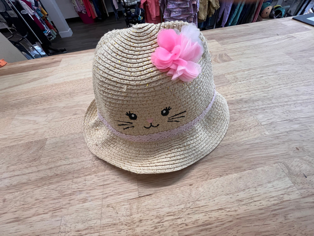 Children’s Place Straw Hat 6–24M - Pink with Gold Kitty Face