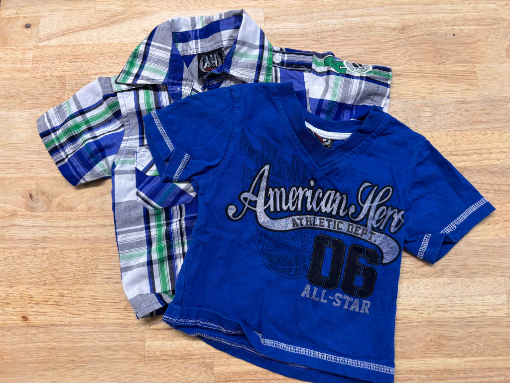 American Hero Two-Piece Set – 12M Blue & Green Plaid