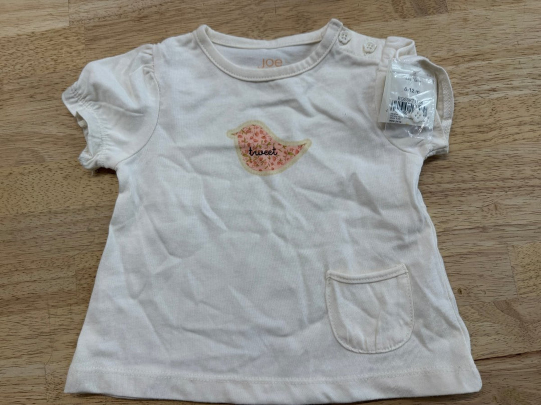 Joe Fresh Tweet Print Shirt – 6–12M | Cream Ruffle Cap Sleeve | NWT