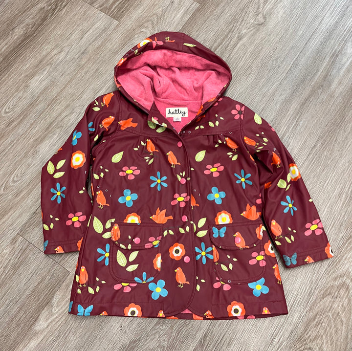 Hatley Rain Coat – Size 6 (Burgundy with Bird Print)