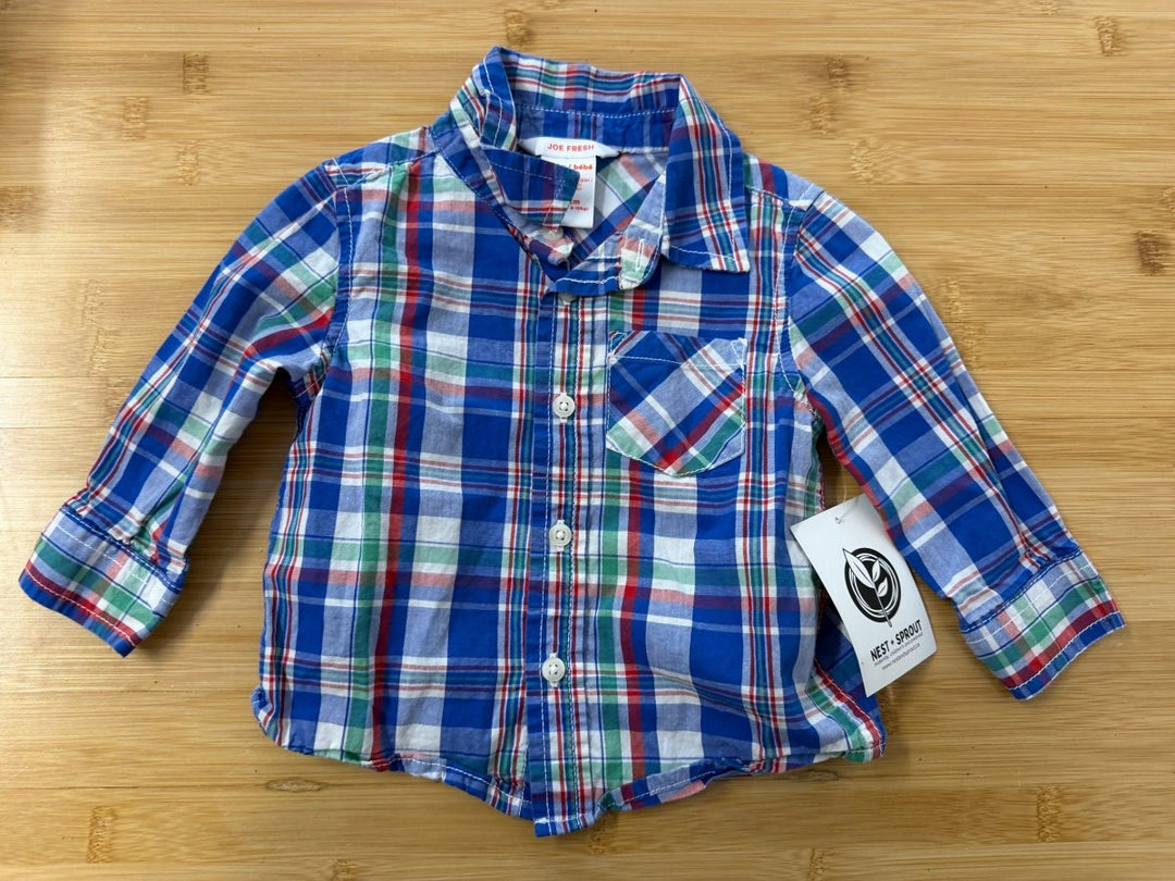 Joe Fresh Plaid Button-Down Shirt – 6–12M | Blue Green & Red Cotton - Nest and Sprout-Consignment