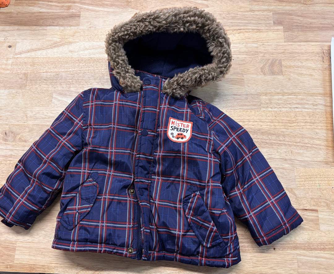 Joe Fresh Plaid Jacket with Faux Fur Hood – Size 18-24M