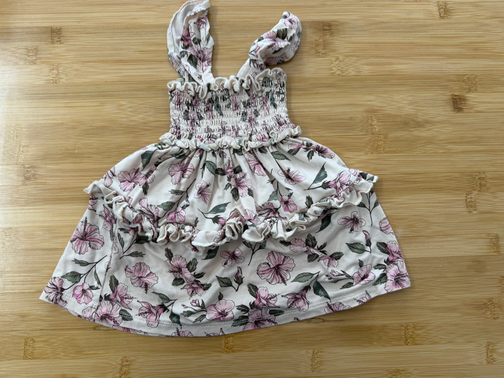 Milkberry Smocked Bodice Dress – 12M | Cream Floral Tank Strap Layered Skirt