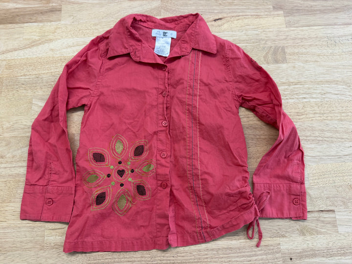 Deux par Deux Cotton Button-Up Shirt – 6Y | Salmon Green Embroidered Details