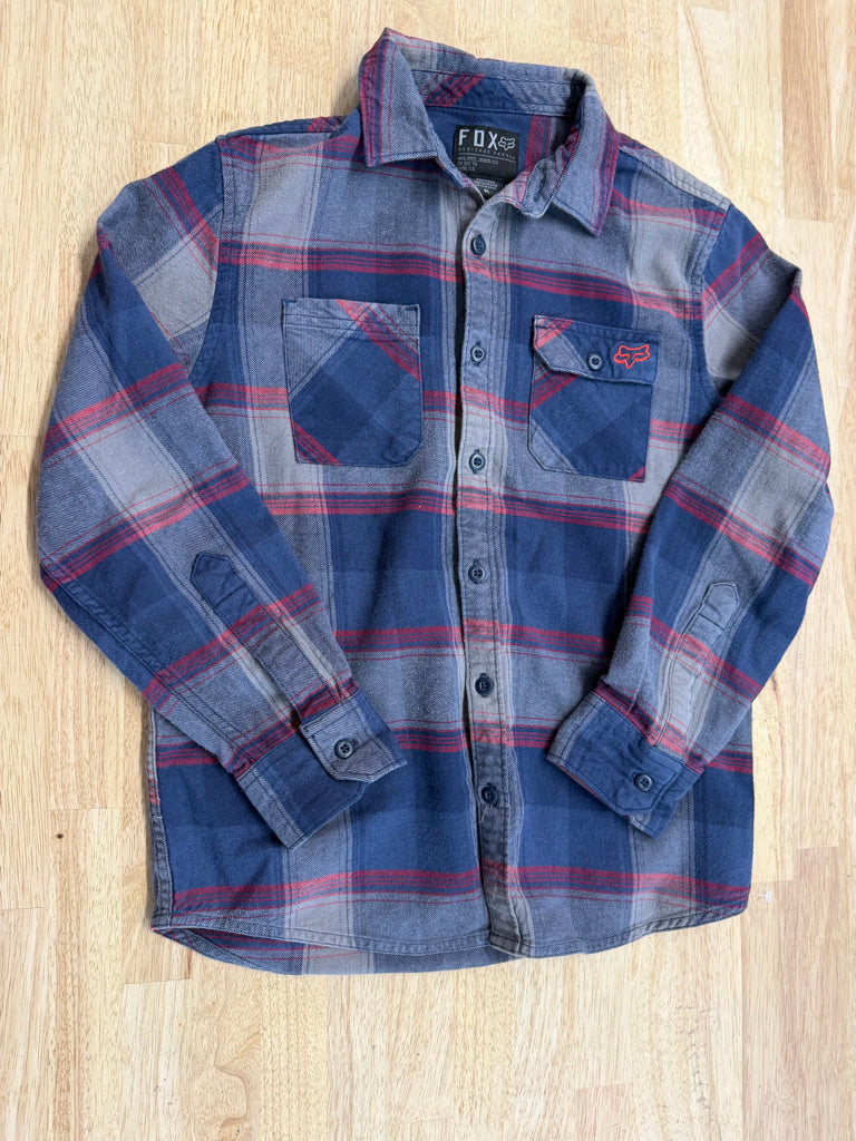 Fox Youth Flannel Button-Up – M (10–12) | Grey Blue Red