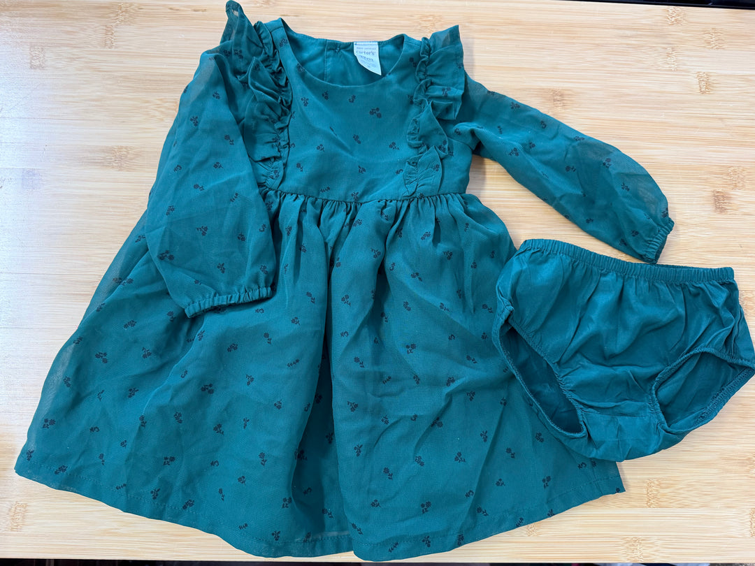Carter's Forest Green Tulle Dress – 12M | Black Itsy Floral Diaper Cover Included
